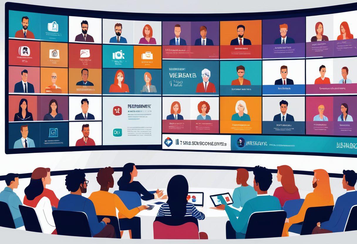 A vibrant and energetic digital scene features a bustling virtual webinar room with engaged attendees sitting in front of their screens. A charismatic speaker is presenting on a large screen, while interactive elements like chat boxes, polls, and Q&A sessions are visible. Various streaming service icons and engagement analytics graphs are subtly integrated into the background, highlighting advanced features. super-realistic. vibrant colors. white background.