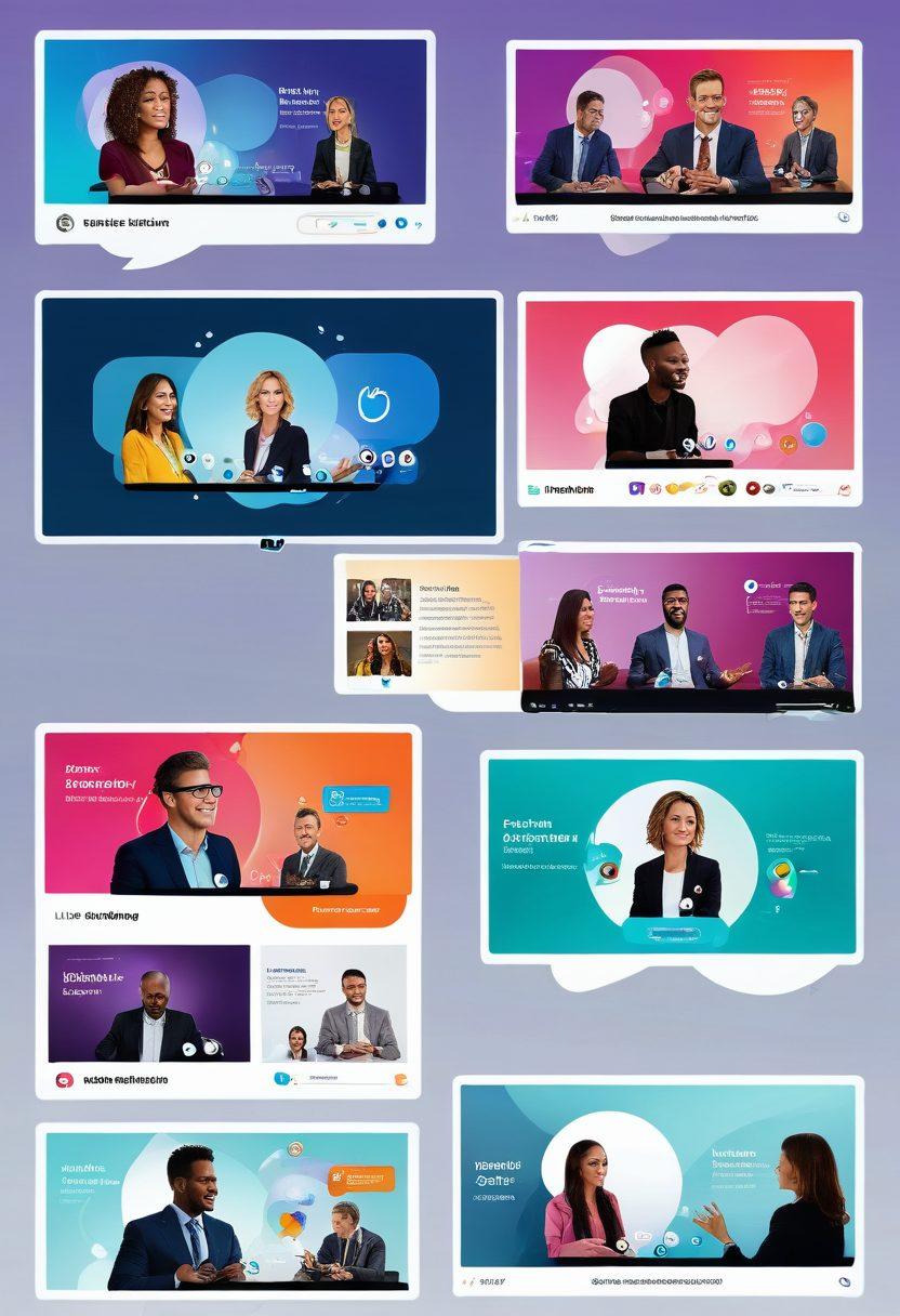 A vibrant scene showcasing a dynamic virtual event with multiple screens, engaging live video streams, and interactive chat bubbles. Viewers are seen in different locations, connecting and participating in real-time. Bright colors and sleek designs emphasize cutting-edge technology. super-realistic. vibrant colors. white background.